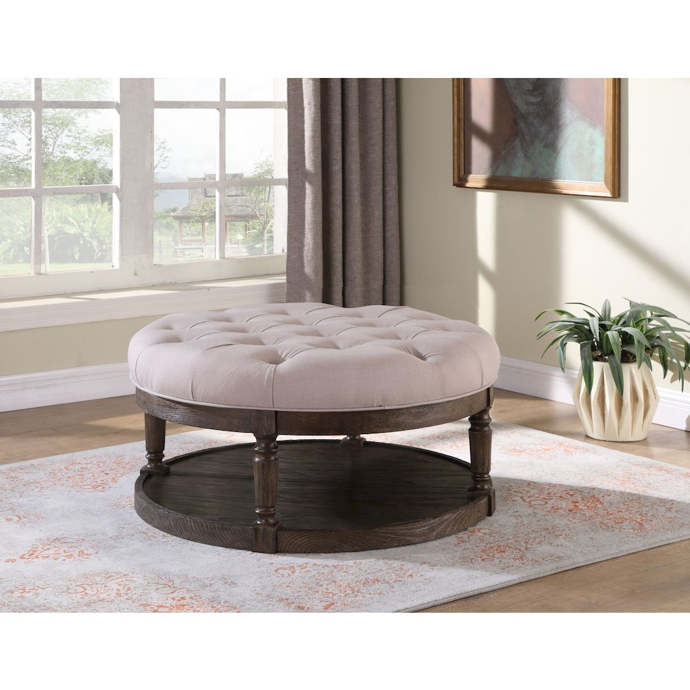 Best Master Tufted Fabric Upholstered Round Ottoman in Rustic Gray/Beige