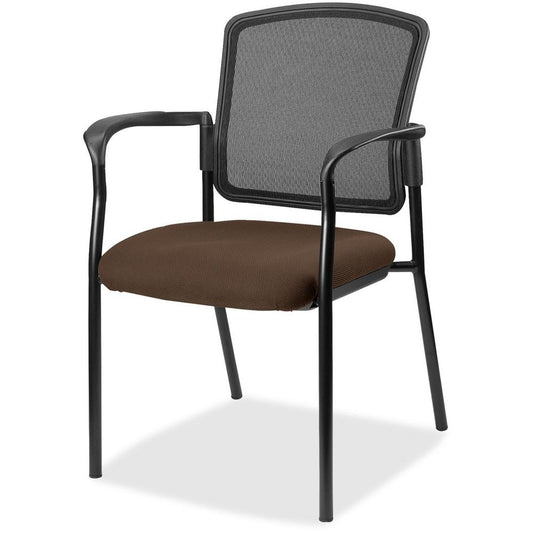 Lorell Stackable Mesh Back Guest Chair - Canyon Mudslide Antimicrobial Vinyl Seat - Black Mesh Back - Black Powder Coated Steel Frame - Four-legged Base - Armrest - 1 Each