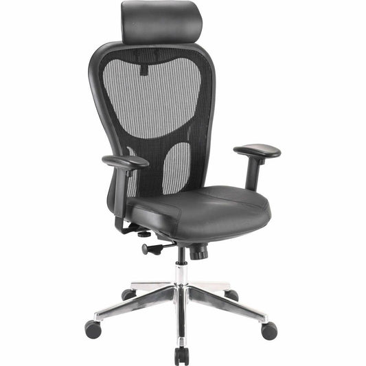 Lorell High Back Executive Chair - Black Leather Seat - Aluminum Frame - 5-star Base - 1 Each