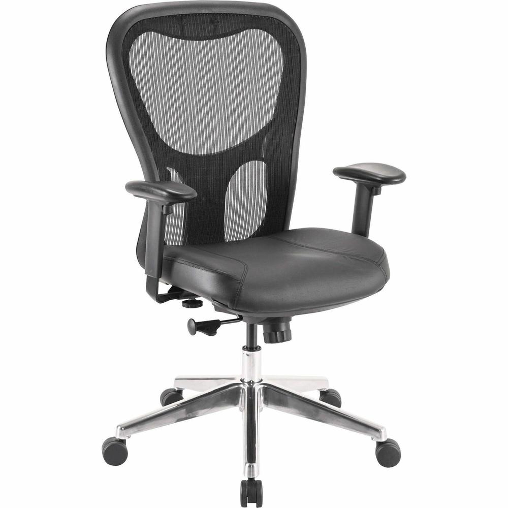 Lorell Mid Back Executive Chair - Black Leather Seat - Aluminum Frame - 5-star Base - 1 Each