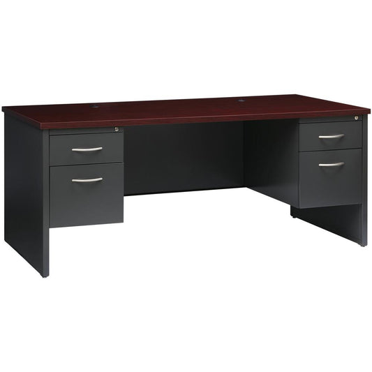 Lorell Mahogany Laminate/Charcoal Modular Desk Series Pedestal Desk - 2-Drawer - 72" x 36" , 1.1" Top - 2 x Box, File Drawer(s) - Double Pedestal - Material: Steel - Finish: Mahogany Laminate, Charcoa