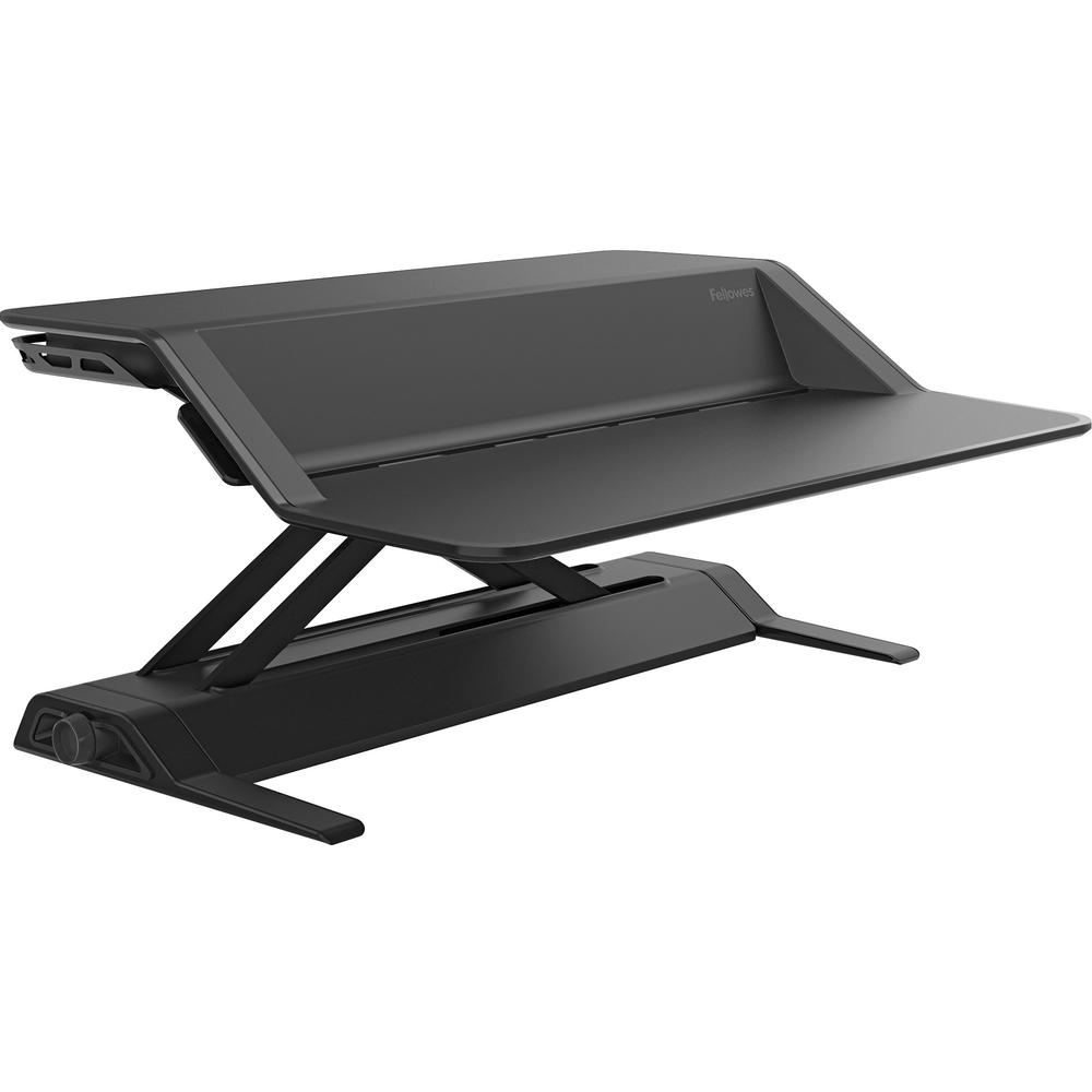 Fellowes Lotus&trade; Sit-Stand Workstation - Black - 35 lb Load Capacity - 2 x Shelf(ves) - 5.5" Height x 32.8" Width x 24.3" Depth - Desktop - Steel, Plastic, Phenolic Resin - Black