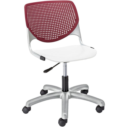 KFI Armless-Casters - White Polypropylene Seat - Burgundy Polypropylene Back - Powder Coated Silver Steel Frame - 5-star Base - 1 Each