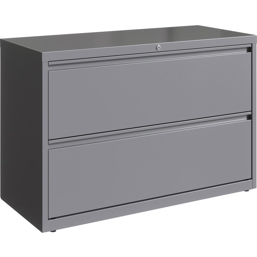 Lorell 42" Silver Lateral File - 2-Drawer - 42" x 18.6" x 28" - 2 x Drawer(s) for File - Letter, Legal, A4 - Hanging Rail, Magnetic Label Holder, Locking Drawer, Locking Bar, Ball Bearing Slide, Reinf