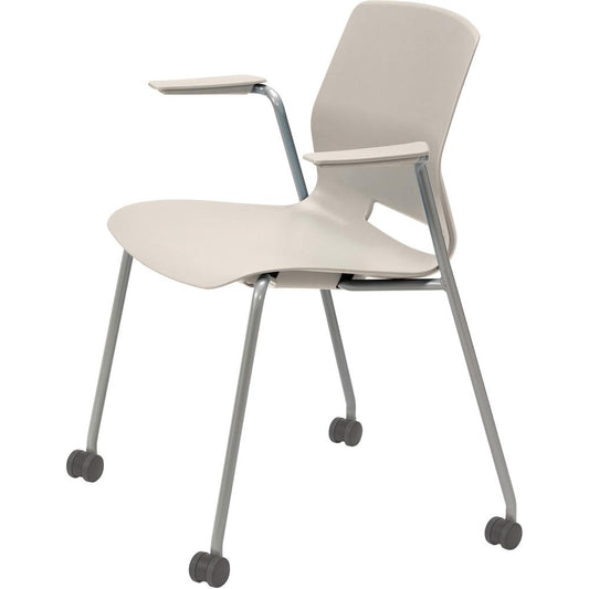 KFI Swey Mobile Multipurpose Stool with Arms - Moonbeam Polypropylene Seat - Moonbeam Polypropylene Back - Silver Stainless Steel Frame - Four-legged Base - 1 Each