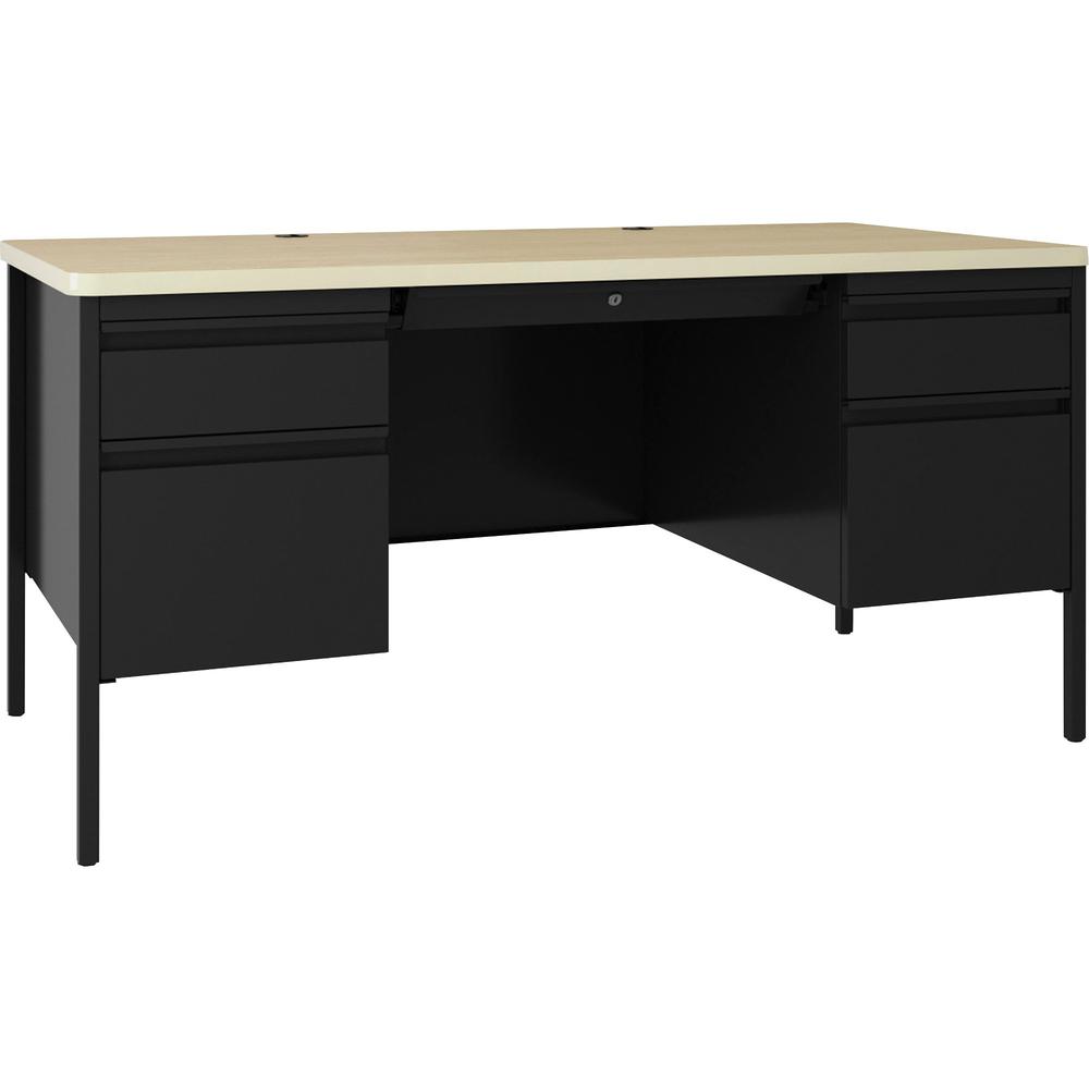 Lorell Fortress Double-pedestal Teacher's Desk - 60" x 29.5"30" , 0.8" Modesty Panel - Double Pedestal - T-mold Edge - Material: Steel - Finish: Maple, Black