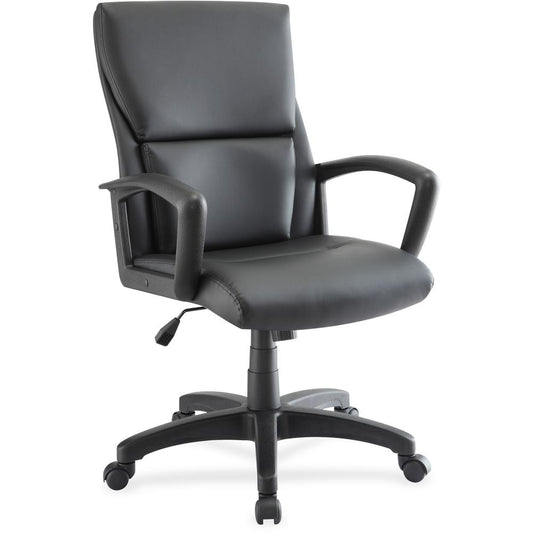 Lorell Euro Design Leather Executive Mid-back Chair - Black Bonded Leather Seat - Black Bonded Leather Back - 5-star Base - Black - 1 Each