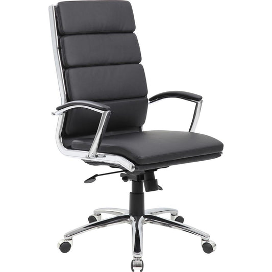 Boss Contemporary Executive Highback In Caressoft Plus - Black Vinyl Seat - Chrome, Black Chrome Frame - High Back - 5-star Base - Black - 1 Each