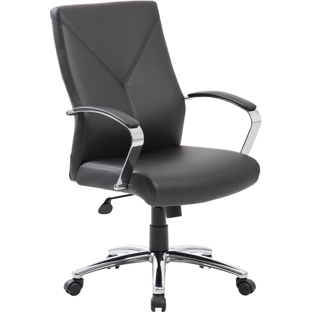 Boss Leatherplus Executive Chair with Chrome Accent - Black LeatherPlus Seat - Chrome, Black Chrome Frame - 5-star Base - Black - 1 Each