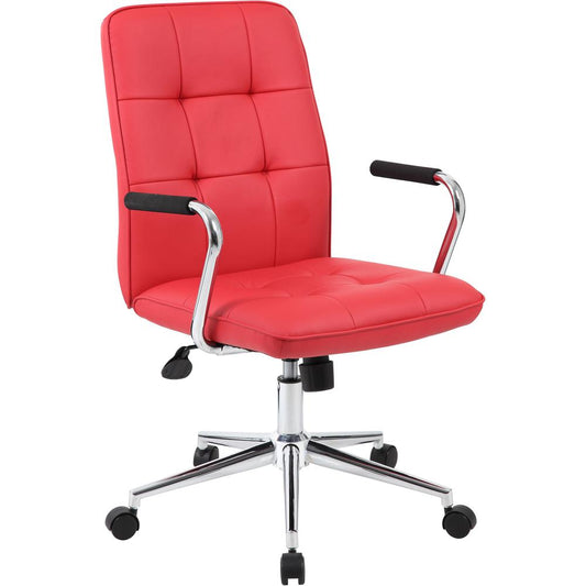 Boss Modern Office Chair with Chrome Arms - Red Vinyl Seat - Chrome, Black Chrome Frame - 5-star Base - Red - 1 Each