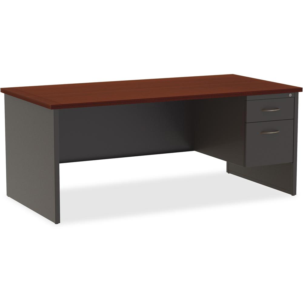 Lorell Mahogany Laminate/Charcoal Modular Desk Series Pedestal Desk - 2-Drawer - 72" x 36" , 1.1" Top - 2 x Box, File Drawer(s) - Single Pedestal on Right Side - Material: Steel - Finish: Mahogany Lam