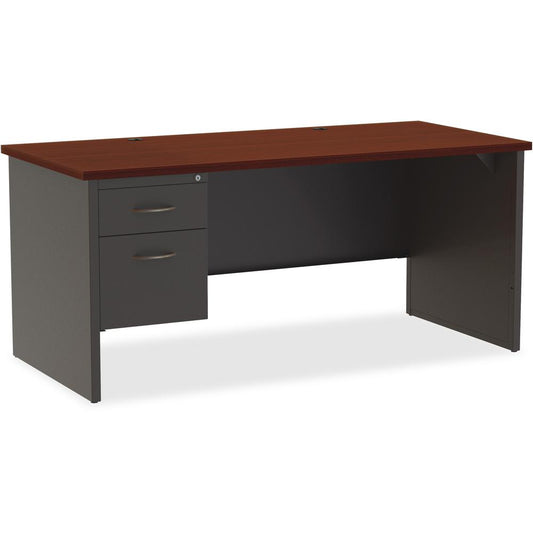 Lorell Mahogany Laminate/Charcoal Modular Desk Series Pedestal Desk - 2-Drawer - 66" x 30" , 1.1" Top - 2 x Box, File Drawer(s) - Single Pedestal on Left Side - Material: Steel - Finish: Mahogany Lami