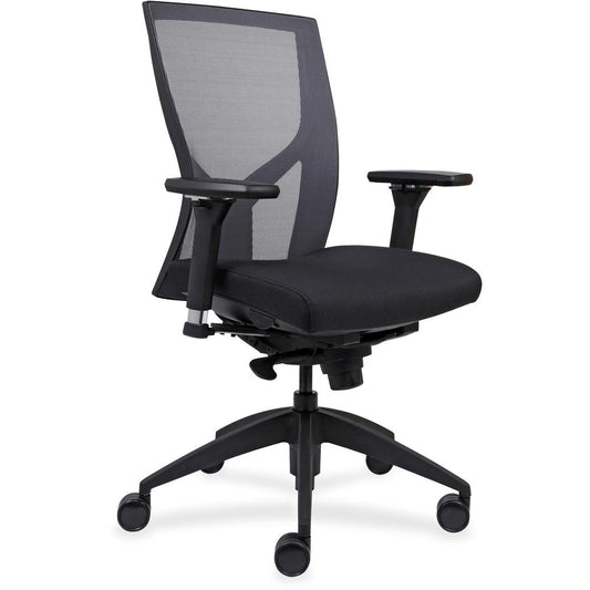 Lorell High-Back Mesh Chairs with Fabric Seat - Fabric, Vinyl, Foam Seat - Black Frame - High Back - Black - 1 Each