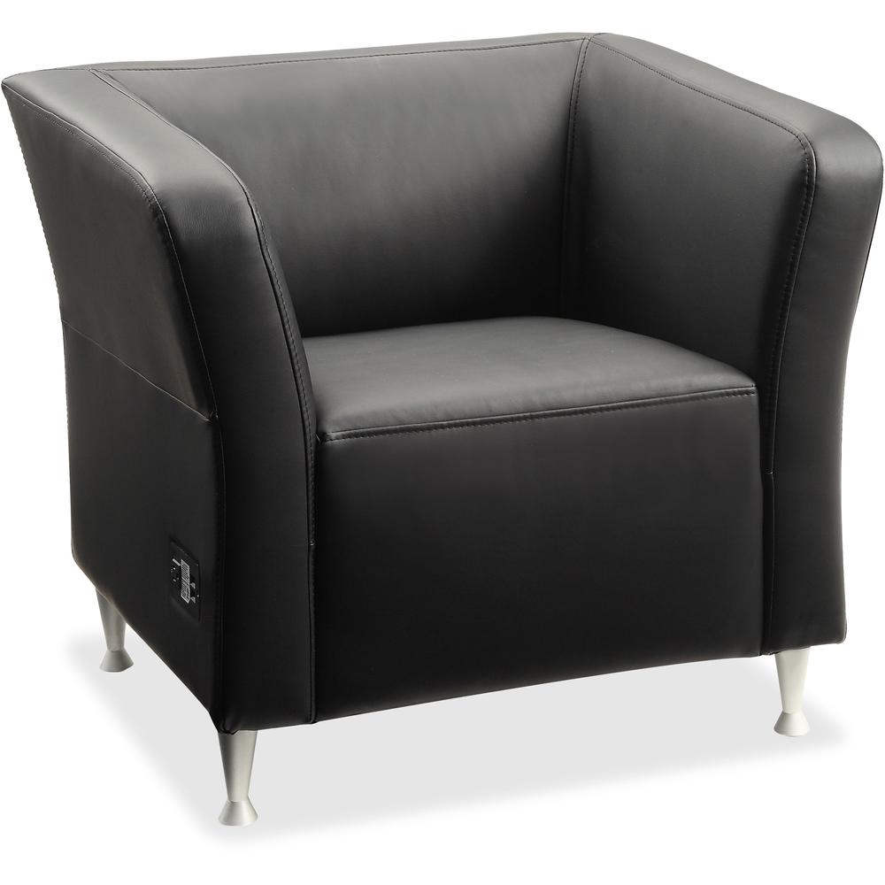 Lorell Fuze Modular Series Square Lounge Chair - Black Leather Seat - Black Leather Back - Brushed Aluminum Frame - High Back - 1 Each