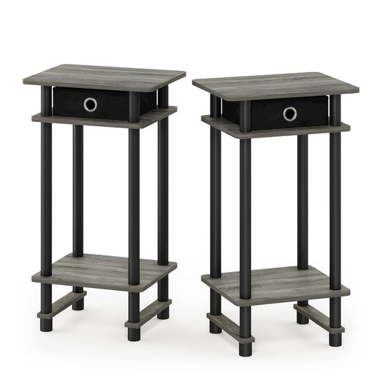 Furinno 2-17017 Turn-N-Tube Tall End Table with Bin, French Oak Grey/Black/Black, Set of 2