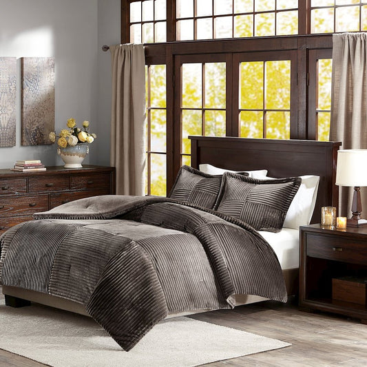 100% Polyester Microcord Solid Pieced Corduroy Plush Comforter Mini Set, Grey