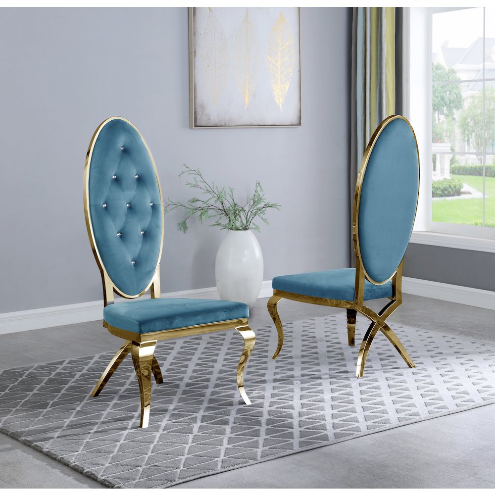 Velvet Side Chair Set of 2, Stainless Steel Gold Legs, Teal