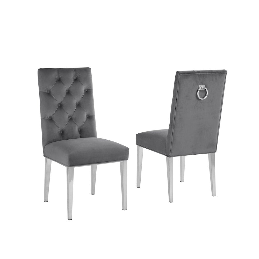 Dark Gray Velvet Tufted Dining Side Chairs, Chrome  - Set of 2