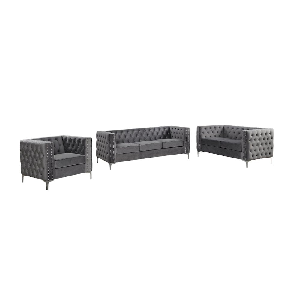 Best Master Furniture Aineias 3 Piece Fabric Sofa Loveseat and Chair Set in Gray