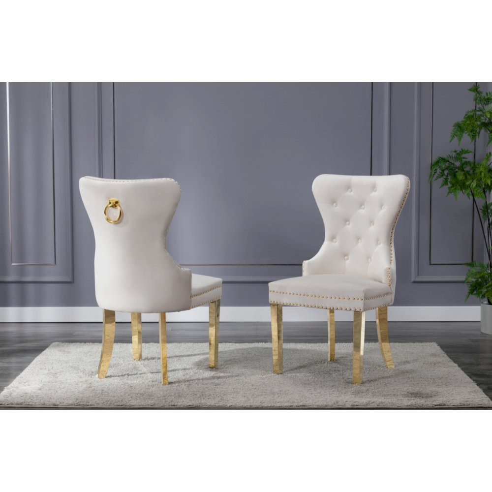 Velvet Tufted Side Chair Set of 2, Stainless Steel Gold Legs, Beige