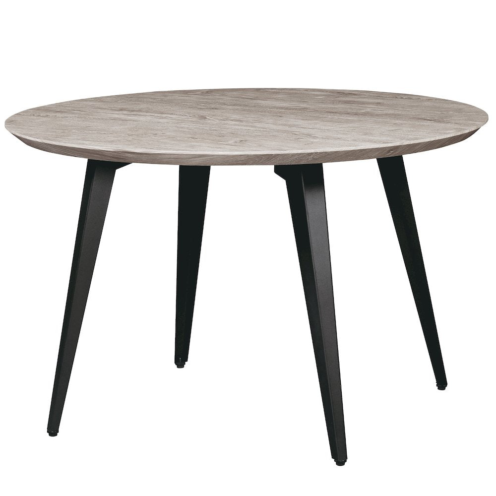 LeisureMod Ravenna Modern Round Wood 47" Dining Table With Metal Legs Sunbleached Grey