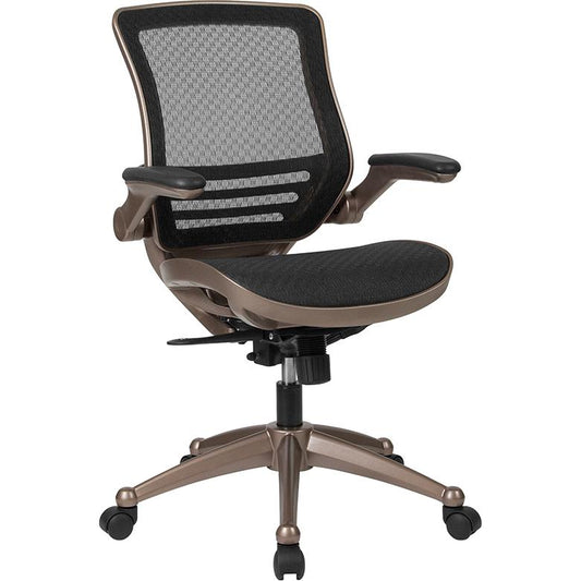 Mid-Back Transparent Black Mesh Executive Swivel Office Chair with Melrose Gold Frame and Flip-Up Arms