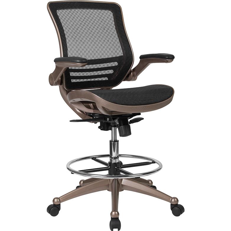 Mid-Back Transparent Black Mesh Drafting Chair with Melrose Gold Frame and Flip-Up Arms