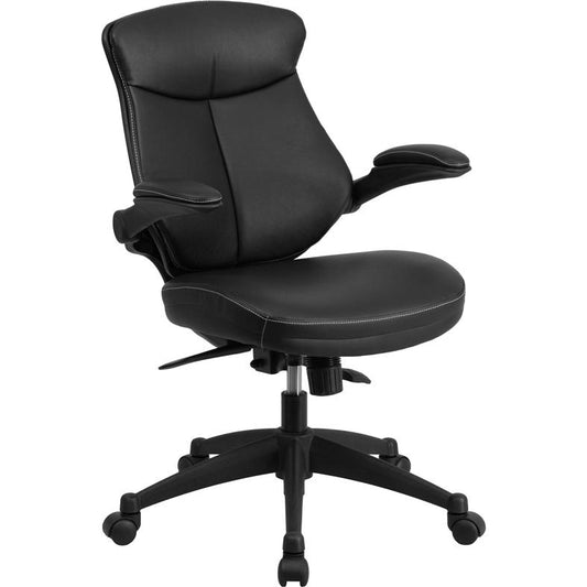 Mid-Back Black LeatherSoft Executive Swivel Ergonomic Office Chair with Back Angle Adjustment and Flip-Up Arms