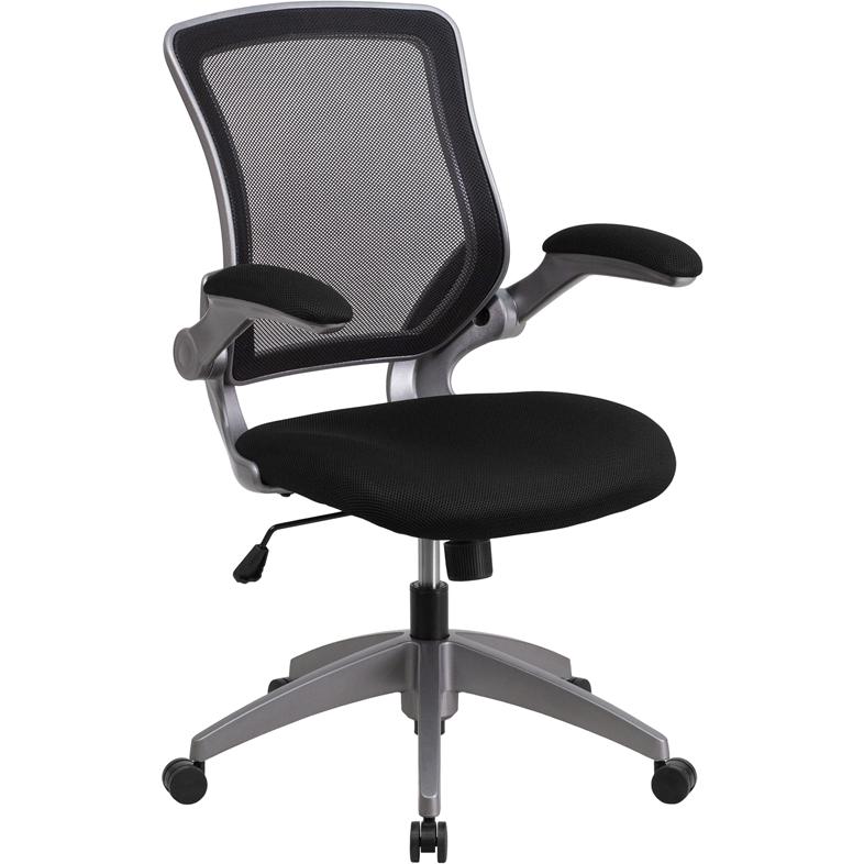 Mid-Back Black Mesh Swivel Ergonomic Task Office Chair with Gray Frame and Flip-Up Arms