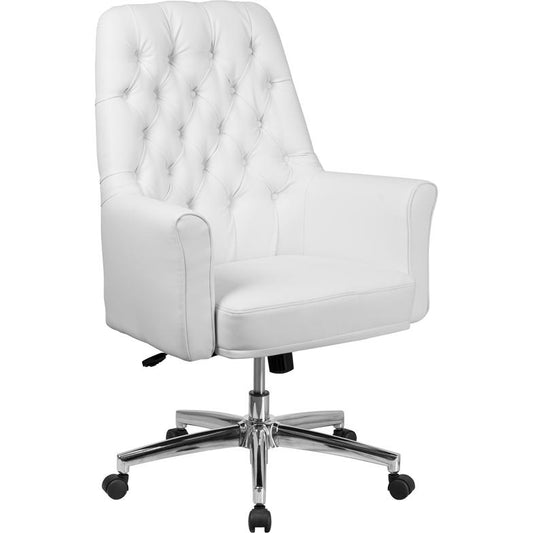 Mid-Back Traditional Tufted White LeatherSoft Executive Swivel Office Chair with Arms