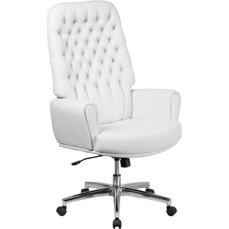 High Back Traditional Tufted White LeatherSoft Executive Swivel Office Chair with Arms