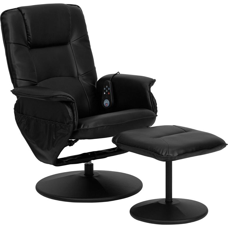 Massaging Adjustable Recliner with Deep Side Pockets and Ottoman with Wrapped Base in Black LeatherSoft