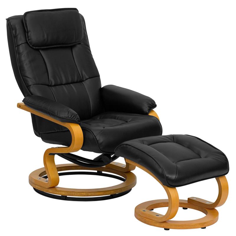 Contemporary Adjustable Recliner and Ottoman with Swivel Maple Wood Base in Black LeatherSoft