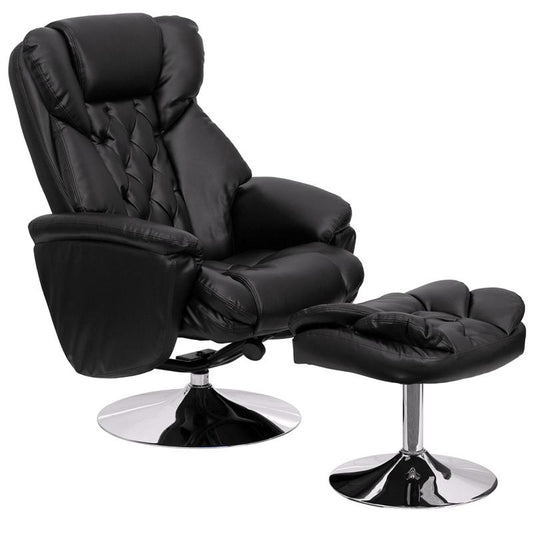 Transitional Multi-Position Recliner and Ottoman with Chrome Base in Black LeatherSoft