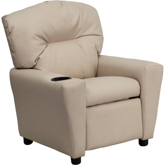 Contemporary Beige Vinyl Kids Recliner with Cup Holder