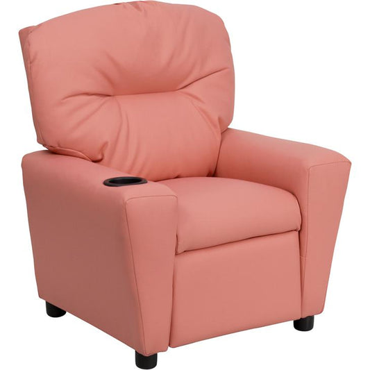 Contemporary Pink Vinyl Kids Recliner with Cup Holder