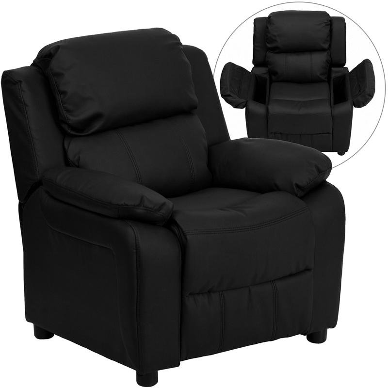 Deluxe Padded Contemporary Black LeatherSoft Kids Recliner with Storage Arms