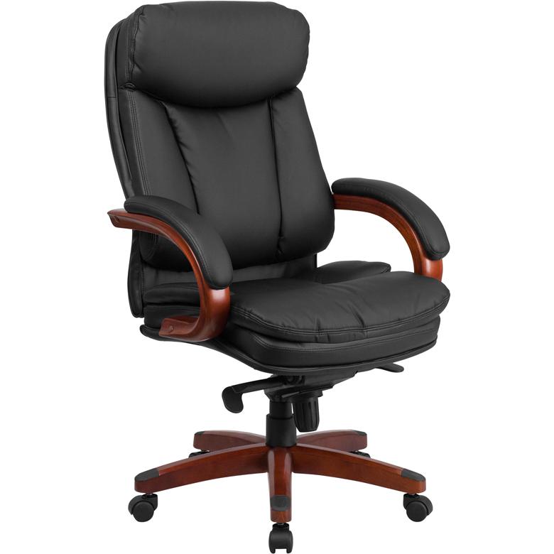 High Back Black LeatherSoft Executive Ergonomic Office Chair with Synchro-Tilt Mechanism, Mahogany Wood Base and Arms