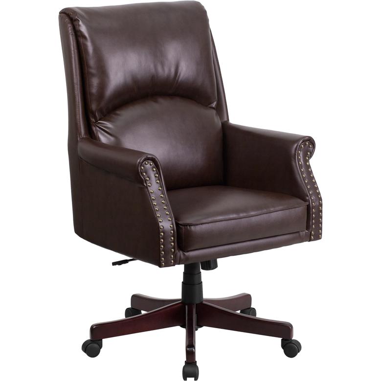 High Back Pillow Back Brown LeatherSoft Executive Swivel Office Chair with Arms