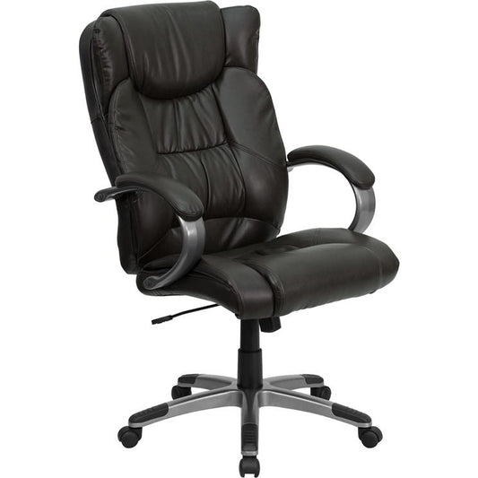 High Back Espresso Brown LeatherSoft Executive Swivel Office Chair with Titanium Nylon Base and Loop Arms