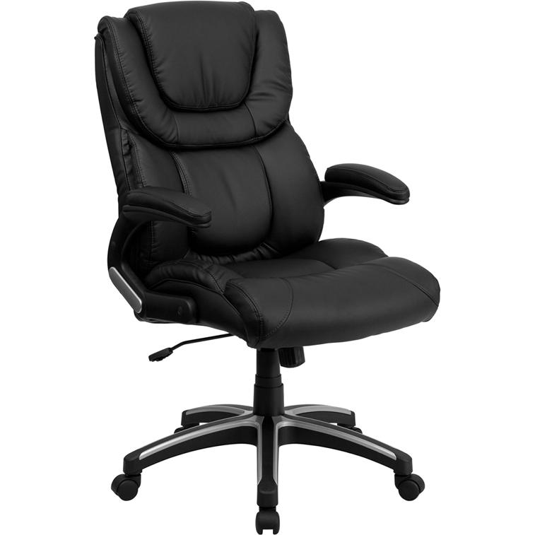 High Back Black LeatherSoft Executive Swivel Office Chair with Double Layered Headrest and Open Arms