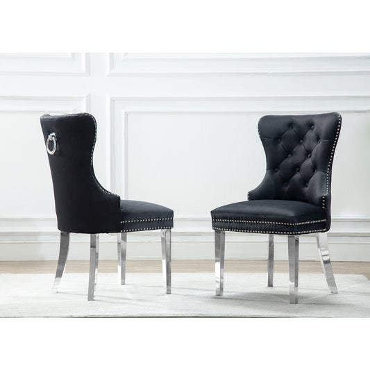 Velvet Tufted Dining Chair, Stainless Steel Legs (Set of 2) - Black