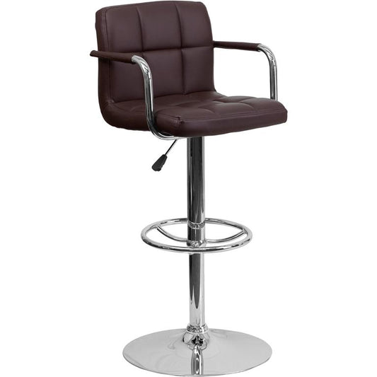 Contemporary Brown Quilted Vinyl Adjustable Height Barstool with Arms and Chrome Base