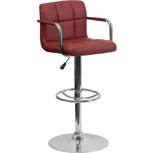 Contemporary Burgundy Quilted Vinyl Adjustable Height Barstool with Arms and Chrome Base