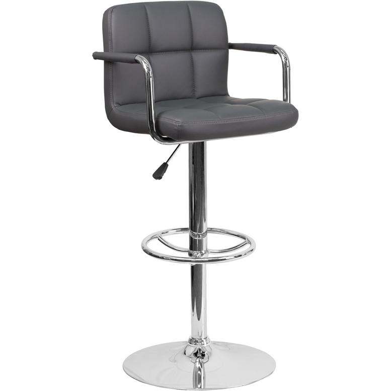 Contemporary Gray Quilted Vinyl Adjustable Height Barstool with Arms and Chrome Base