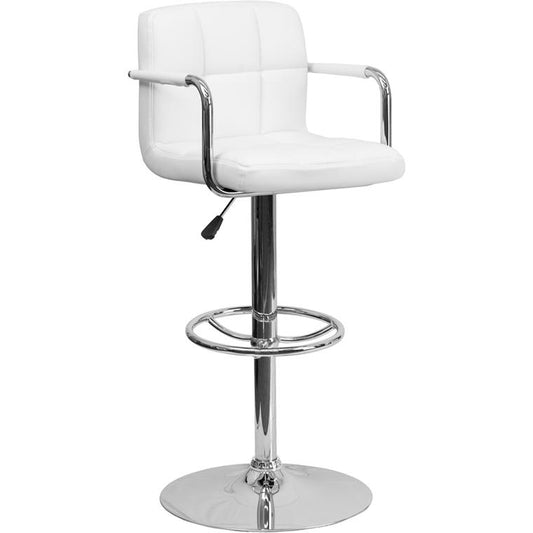 Contemporary White Quilted Vinyl Adjustable Height Barstool with Arms and Chrome Base