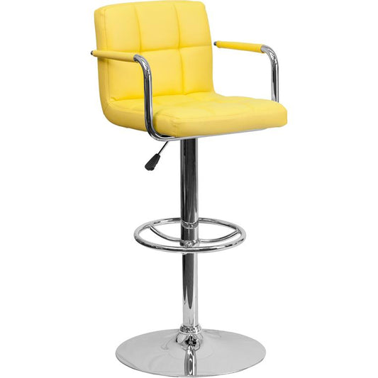 Contemporary Yellow Quilted Vinyl Adjustable Height Barstool with Arms and Chrome Base