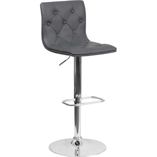 Contemporary Button Tufted Gray Vinyl Adjustable Height Barstool with Chrome Base