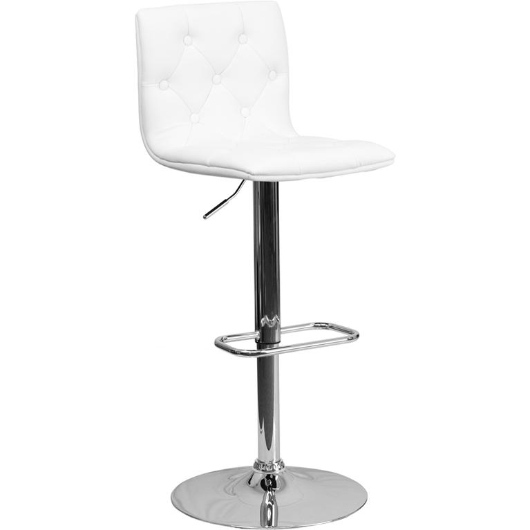 Contemporary Button Tufted White Vinyl Adjustable Height Barstool with Chrome Base