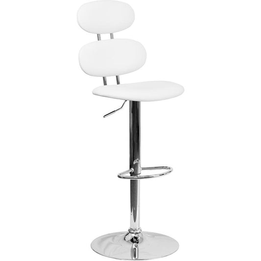 Contemporary White Vinyl Adjustable Height Barstool with Ellipse Back and Chrome Base